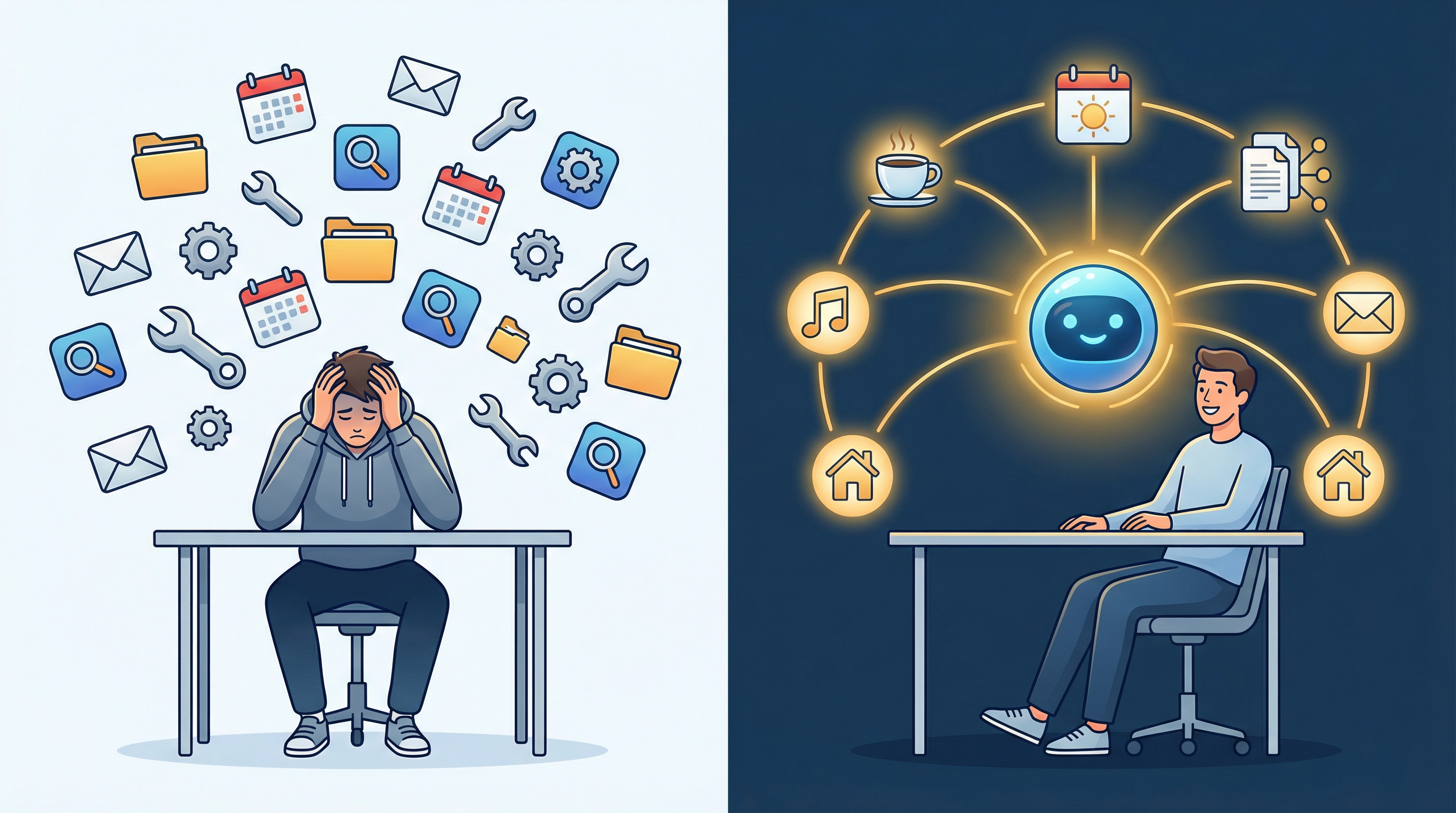 A day without personal AI: chaos and disconnected tools. A day with: one AI orchestrating everything seamlessly