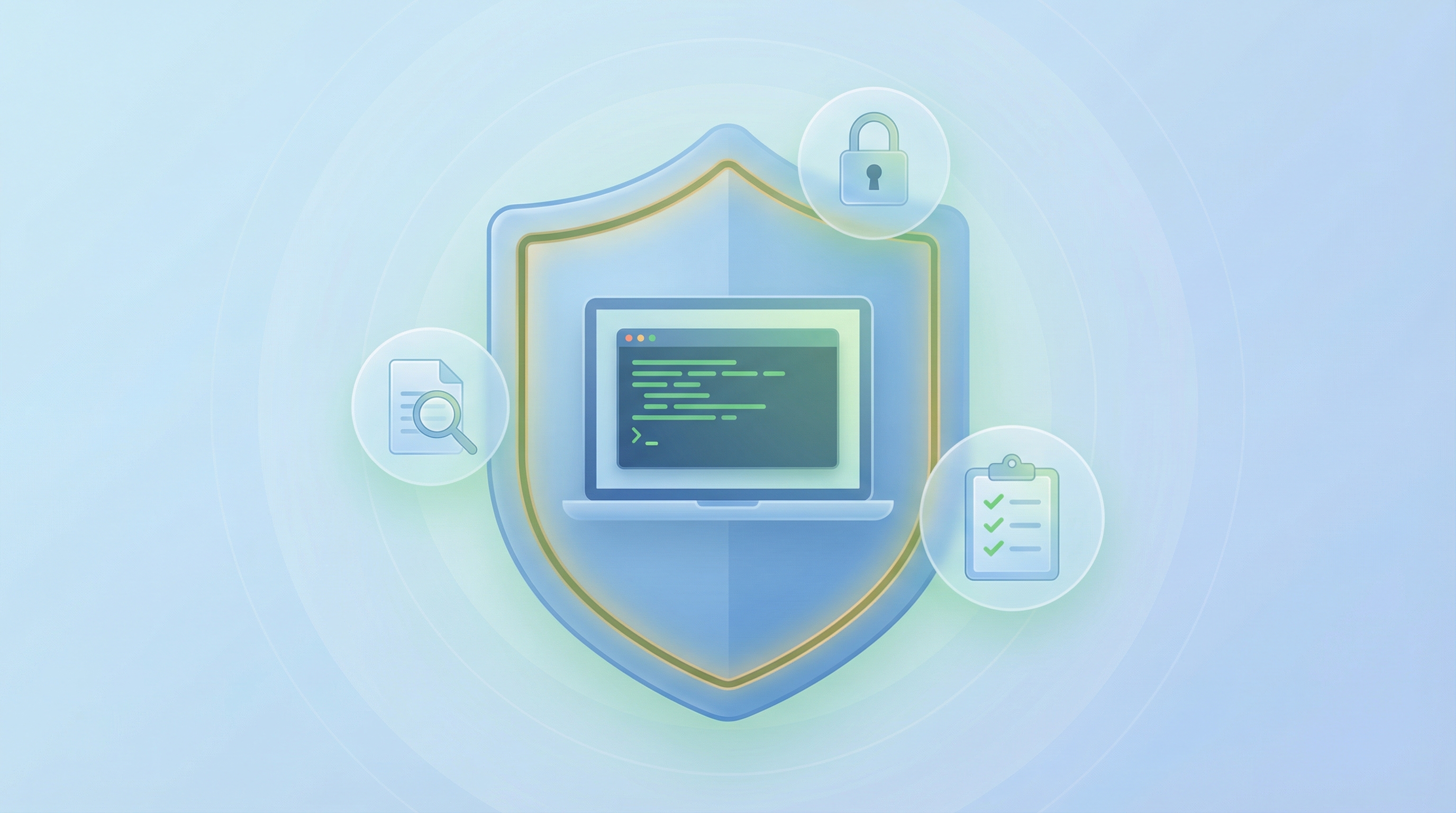 A person at a desk with a protective shield around their laptop, with icons for fact-checking and data safety